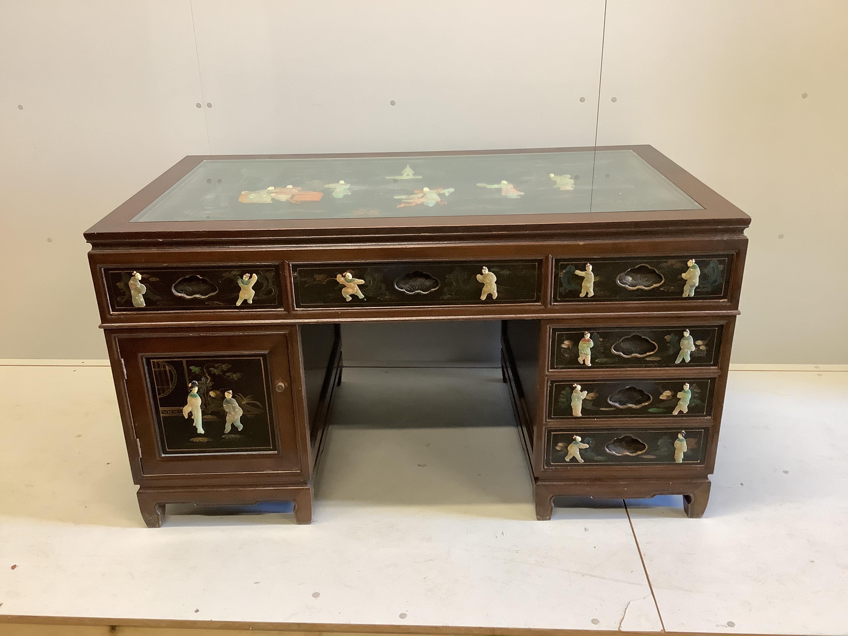 A Chinese pedestal desk, width 138cm, depth 76cm, height 76cm